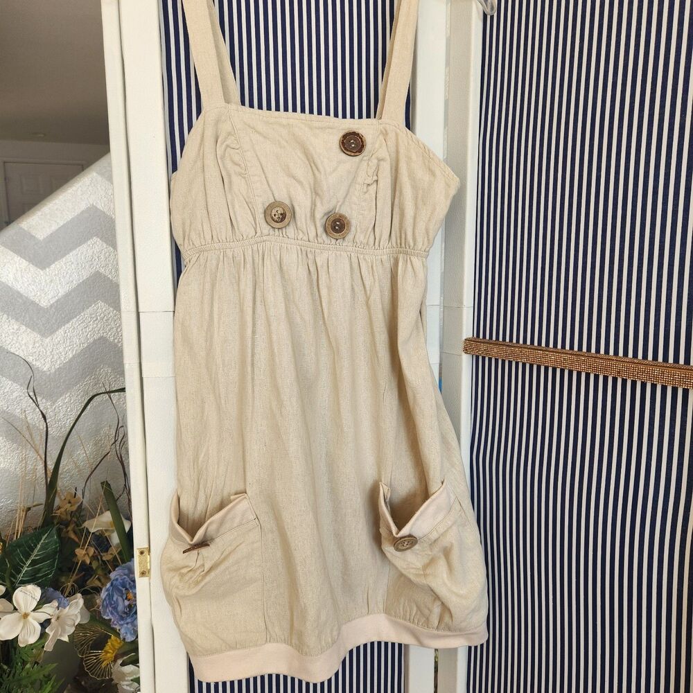 Y2K Chesley Oatmeal Linen-blend Potato Sack banded Mini Jumper dress Size M